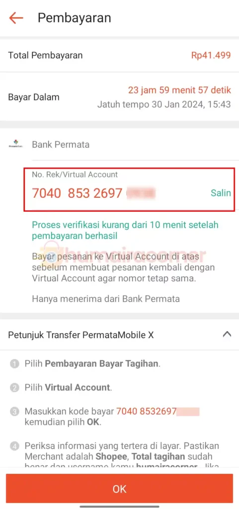 Salin Nomor Virtual Account Shopee